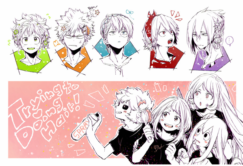 midoriya izuku, bakugou katsuki, uraraka ochaco, asui tsuyu, ashido mina, and 3 more (boku no hero academia) drawn by dandel