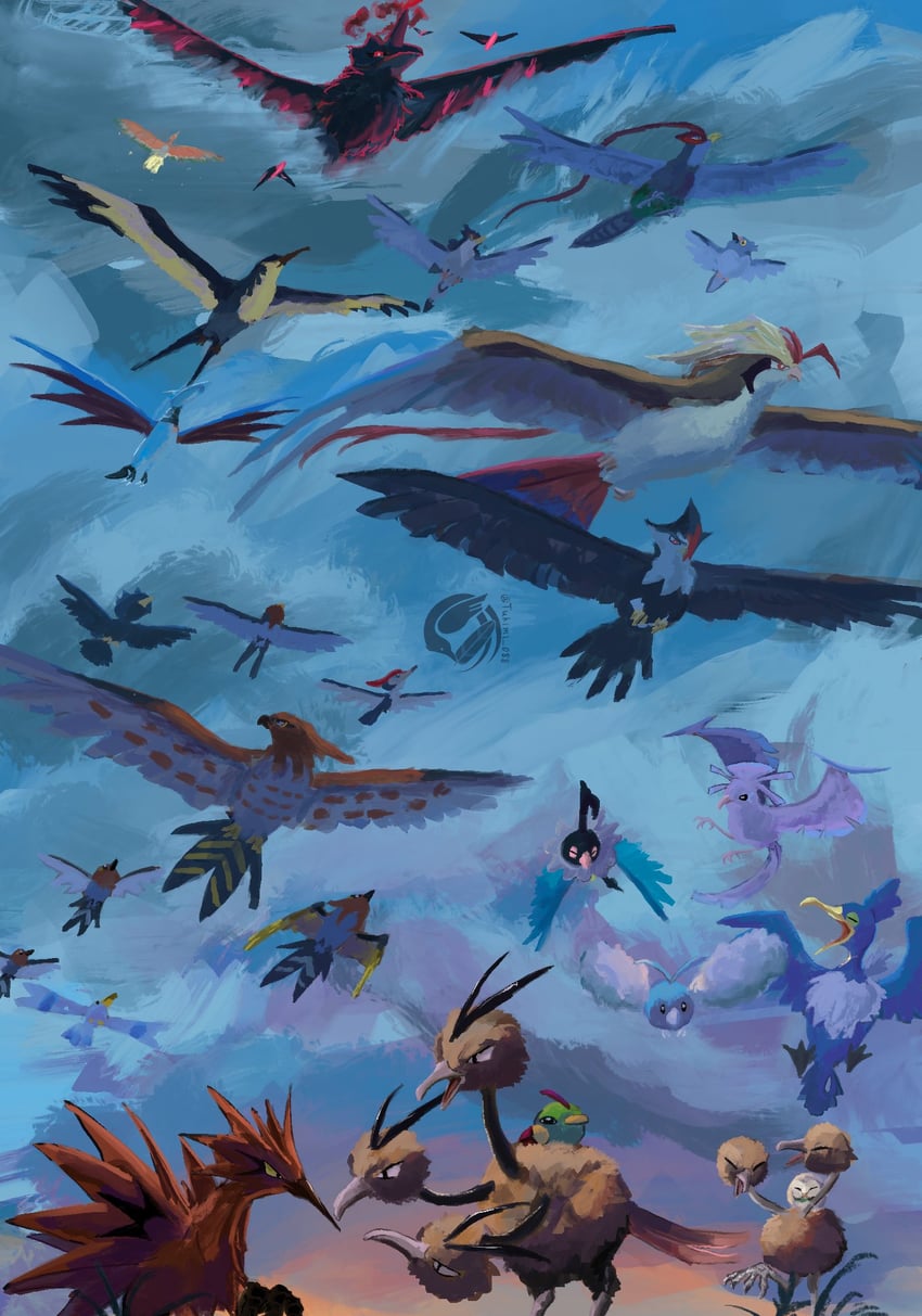 rowlet, wingull, swablu, ho-oh, pidgeot, and 21 more (pokemon) drawn by tukimi_088