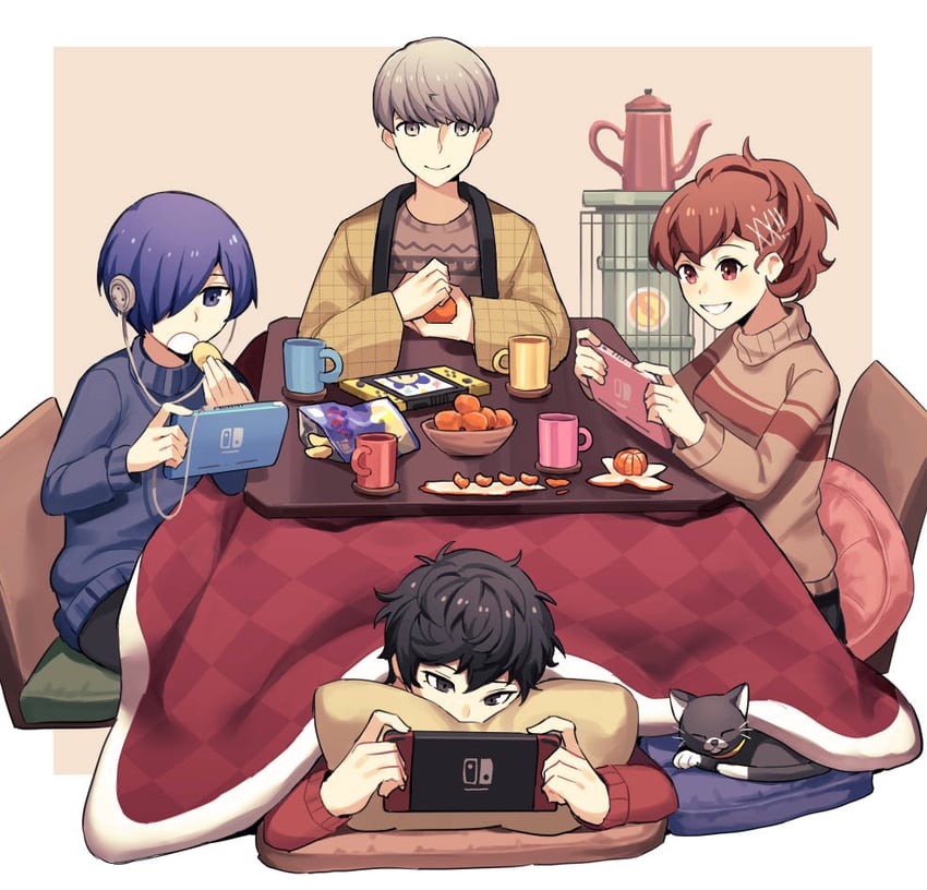narukami yu, yuuki makoto, amamiya ren, shiomi kotone, and morgana (persona and 4 more) drawn by kuki_tan