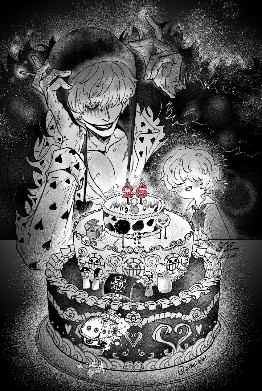 trafalgar law, donquixote doflamingo, donquixote rocinante, bepo, penguin, and 2 more (one piece) drawn by zihei404