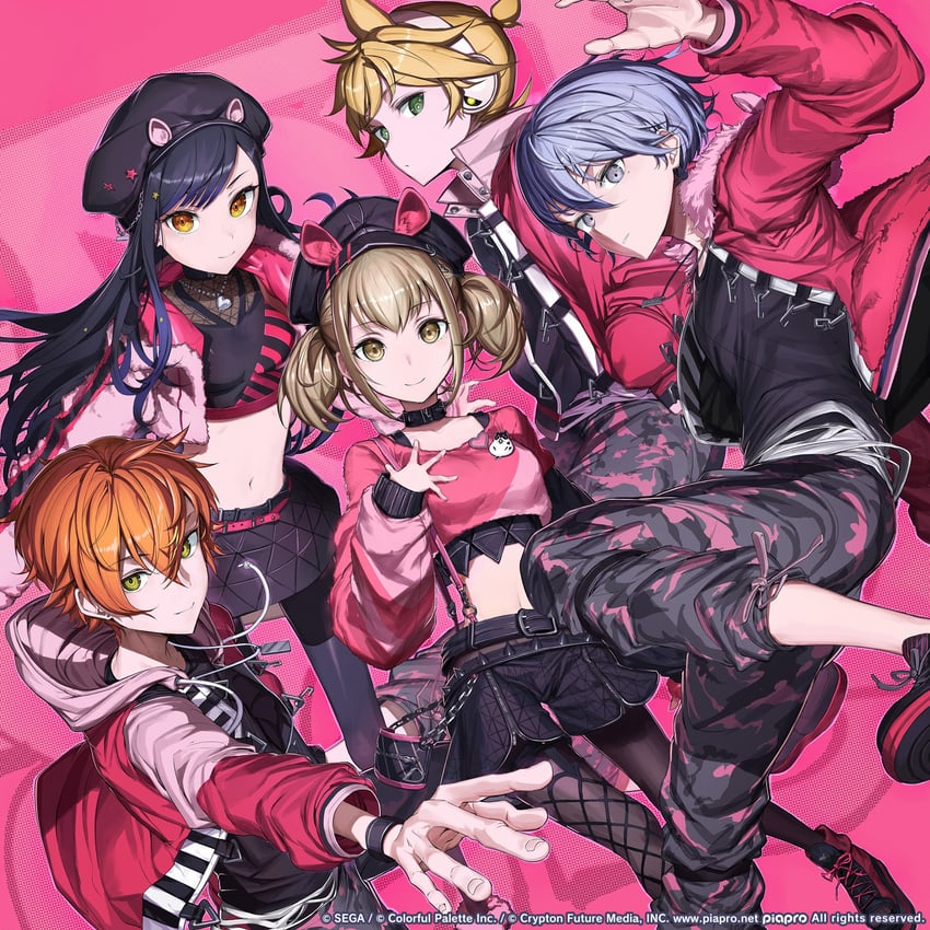 kagamine len, shinonome akito, shiraishi an, aoyagi touya, azusawa kohane, and 1 more (vocaloid and 1 more) drawn by panko_(drive_co)