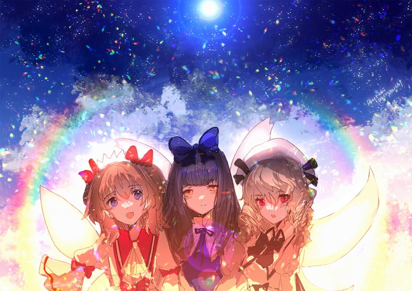 star sapphire, luna child, and sunny milk (touhou and 1 more) drawn by moenoki