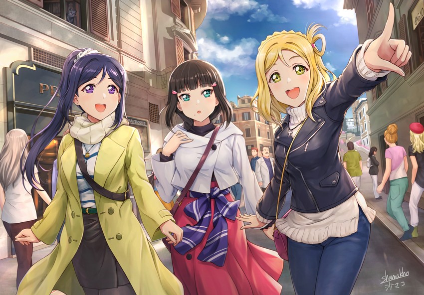 matsuura kanan, kurosawa dia, and ohara mari (love live! and 2 more) drawn by shamakho