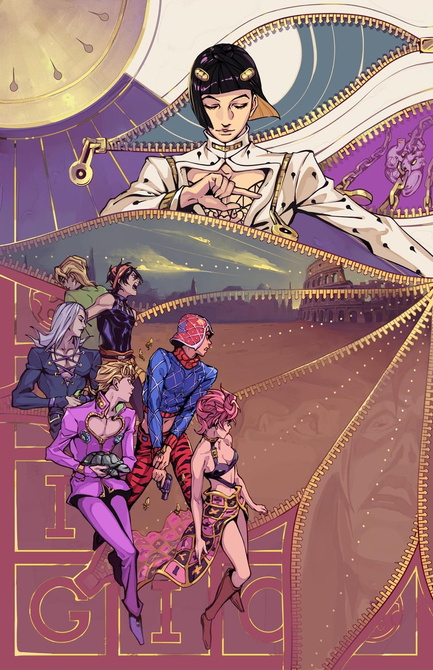 giorno giovanna, bruno bucciarati, guido mista, narancia ghirga, pannacotta fugo, and 6 more (jojo no kimyou na bouken and 1 more) drawn by alderion-al