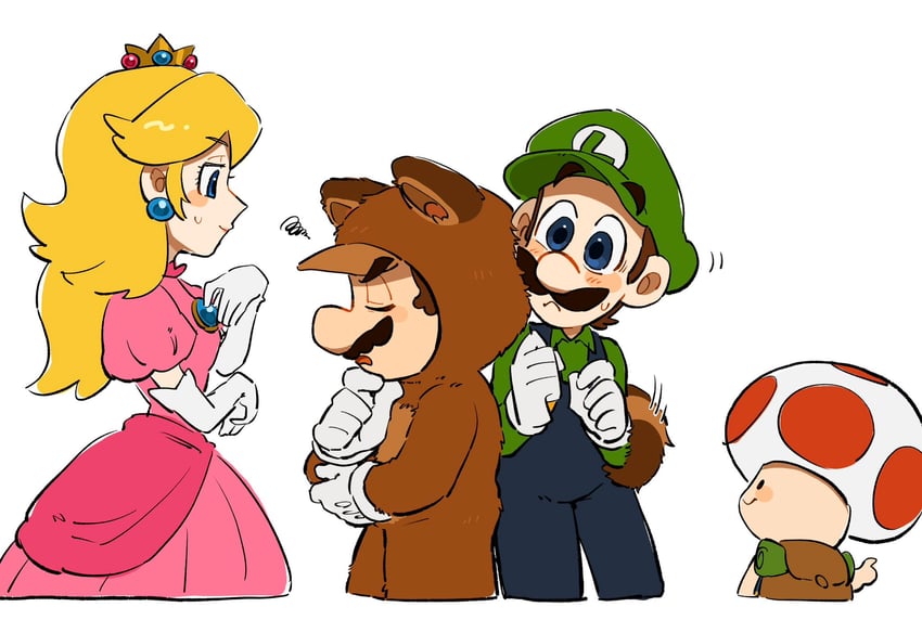 princess peach, mario, luigi, toad, and tanuki mario (mario and 1 more) drawn by mimimi_(mimimim9999)