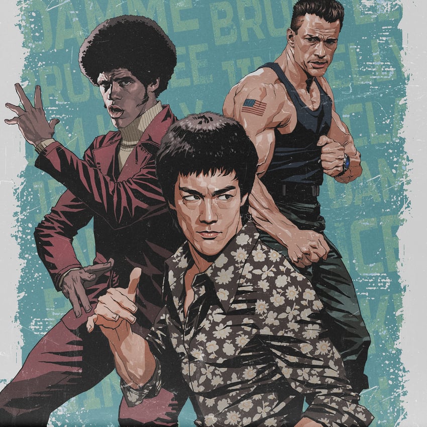 guile, bruce lee, jean-claude van damme, and jim kelly (street fighter and 2 more) drawn by seung_eun_kim