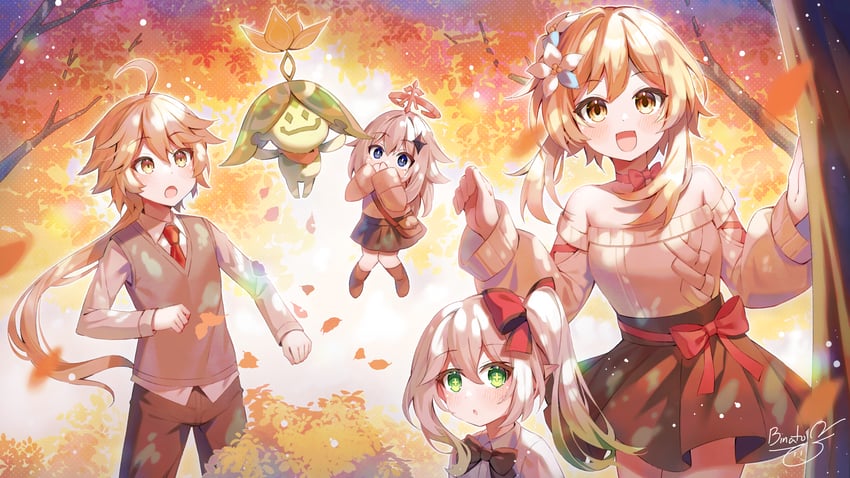 lumine, aether, nahida, paimon, aranara, and 1 more (genshin impact) drawn by binato_lulu