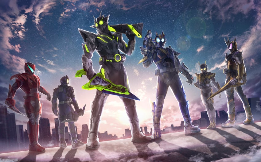 kamen rider zero-one, kamen rider valkyrie, kamen rider vulcan, kamen rider thouser, kamen rider horobi, and 2 more (kamen rider and 1 more) drawn by masukudo_(hamamoto_hikaru)