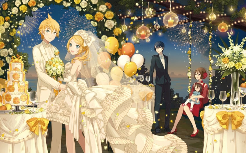 kagamine rin, kagamine len, kaito, and meiko (vocaloid and 1 more) drawn by ixima