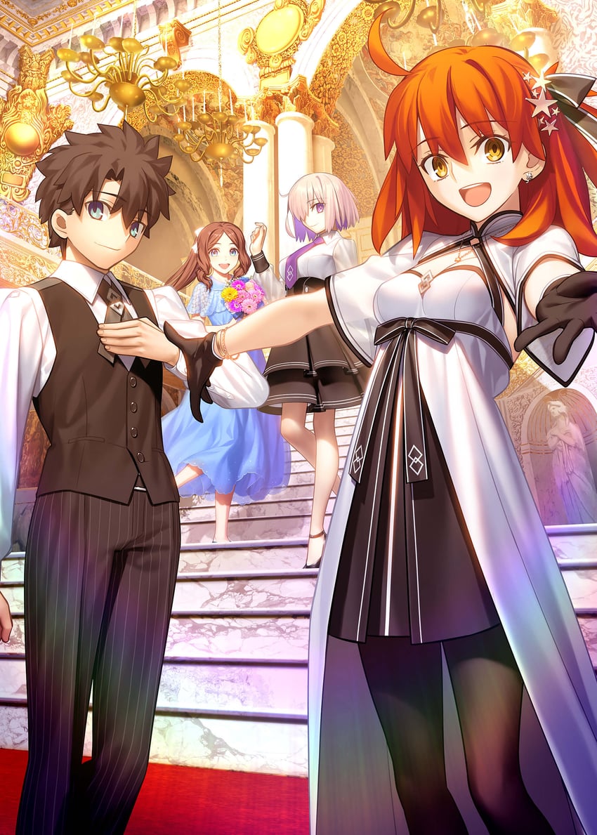 mash kyrielight, fujimaru ritsuka, and leonardo da vinci (fate and 1 more) drawn by simosi and takeuchi_takashi