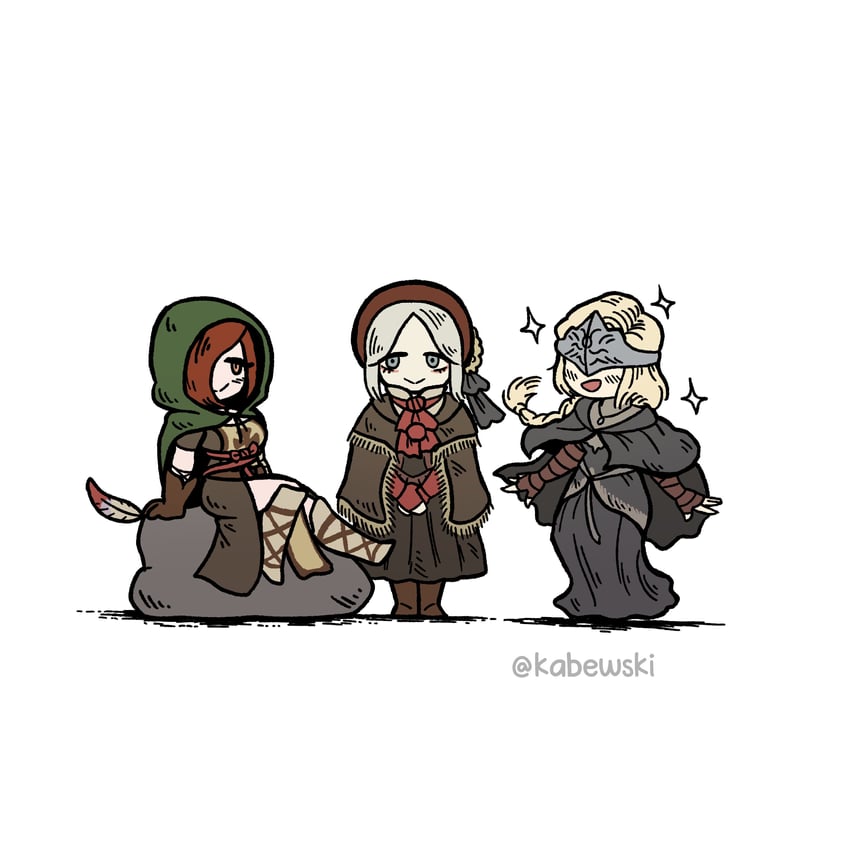 plain doll, fire keeper, and emerald herald (dark souls and 3 more) drawn by kabewski
