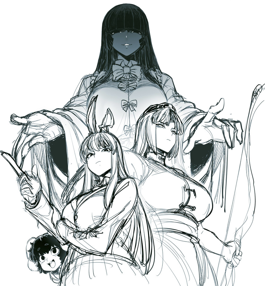 reisen udongein inaba, houraisan kaguya, inaba tewi, and yagokoro eirin (touhou) drawn by spacezin