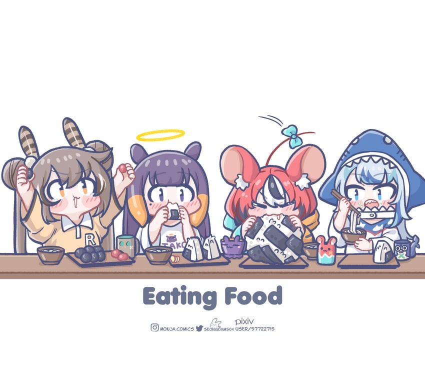 gawr gura, ninomae ina'nis, nanashi mumei, hakos baelz, and takodachi (hololive and 1 more) drawn by monja_(monja0521)