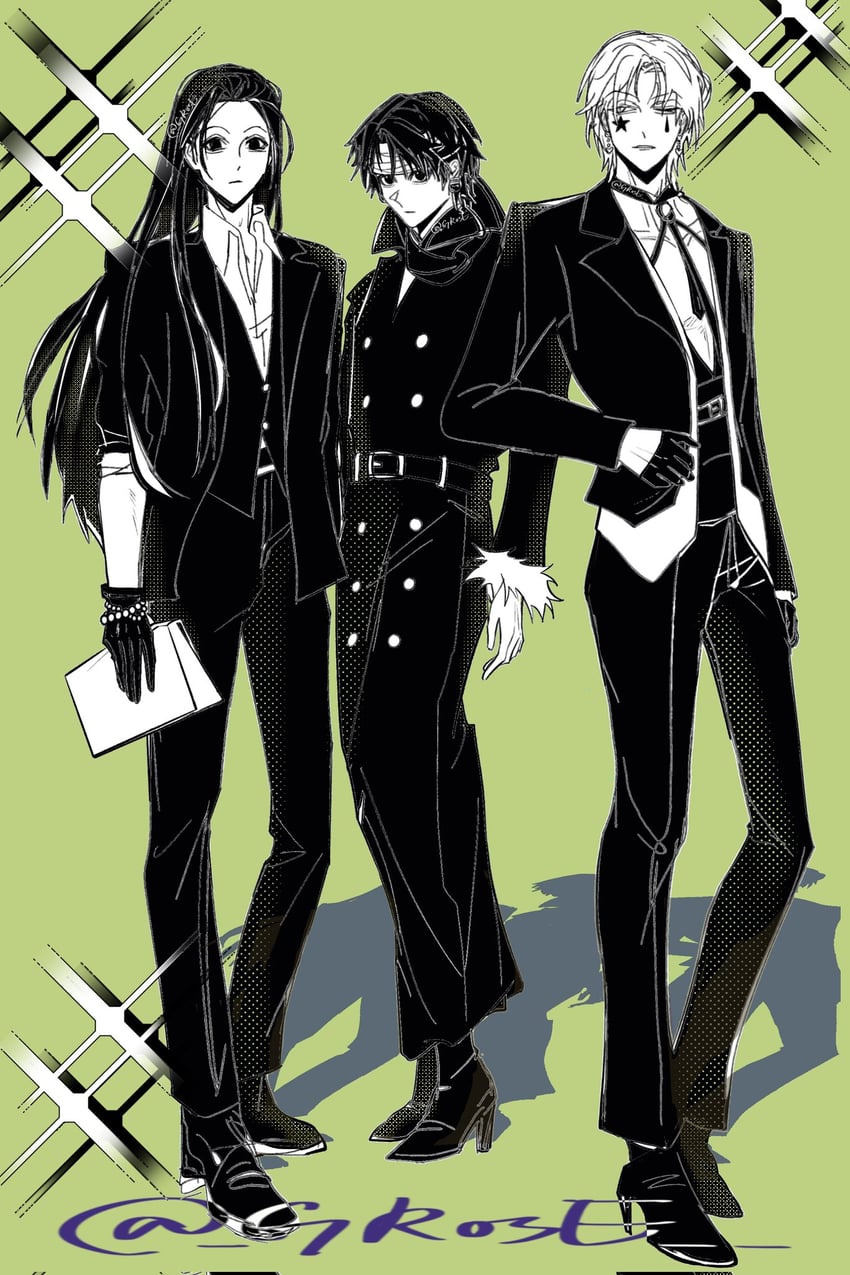 hisoka morow, chrollo lucilfer, and illumi zoldyck (hunter x hunter) drawn by grose