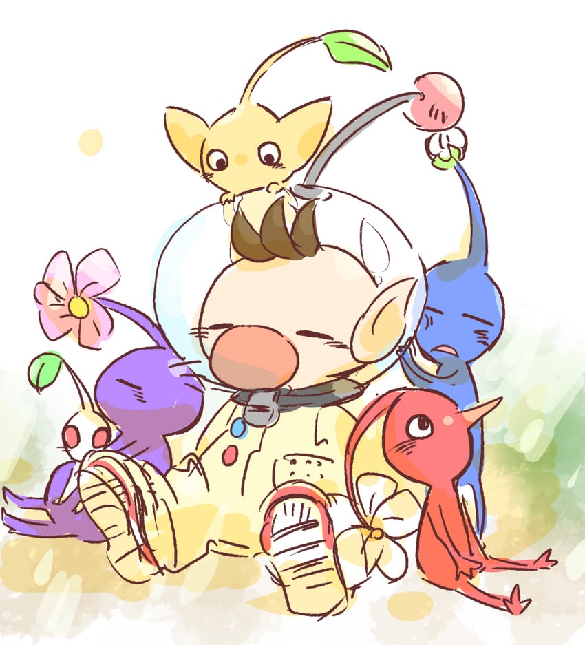 red pikmin, olimar, yellow pikmin, blue pikmin, purple pikmin, and 1 more (pikmin) drawn by pakku_(32pack8)
