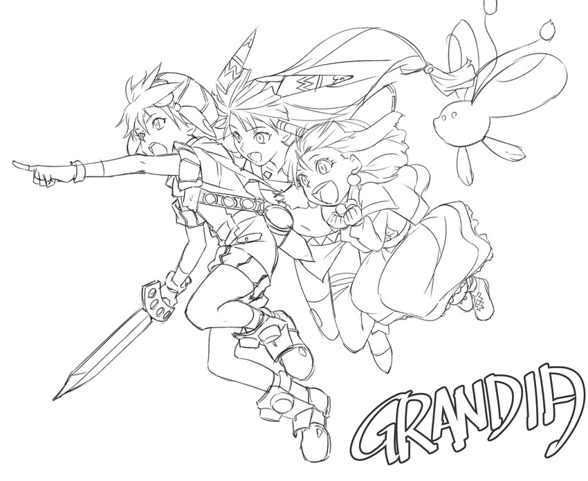 feena, justin, sue, and puui (grandia and 1 more) drawn by kurita_shin'ichi