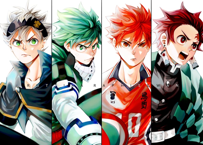 midoriya izuku, kamado tanjirou, hinata shouyou, and asta (boku no hero academia and 3 more) drawn by ruttika_shin