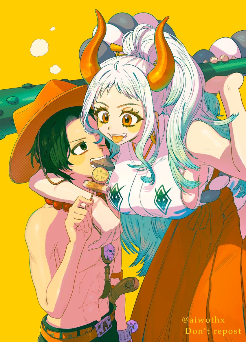 yamato and portgas d. ace (one piece) drawn by aiwothx