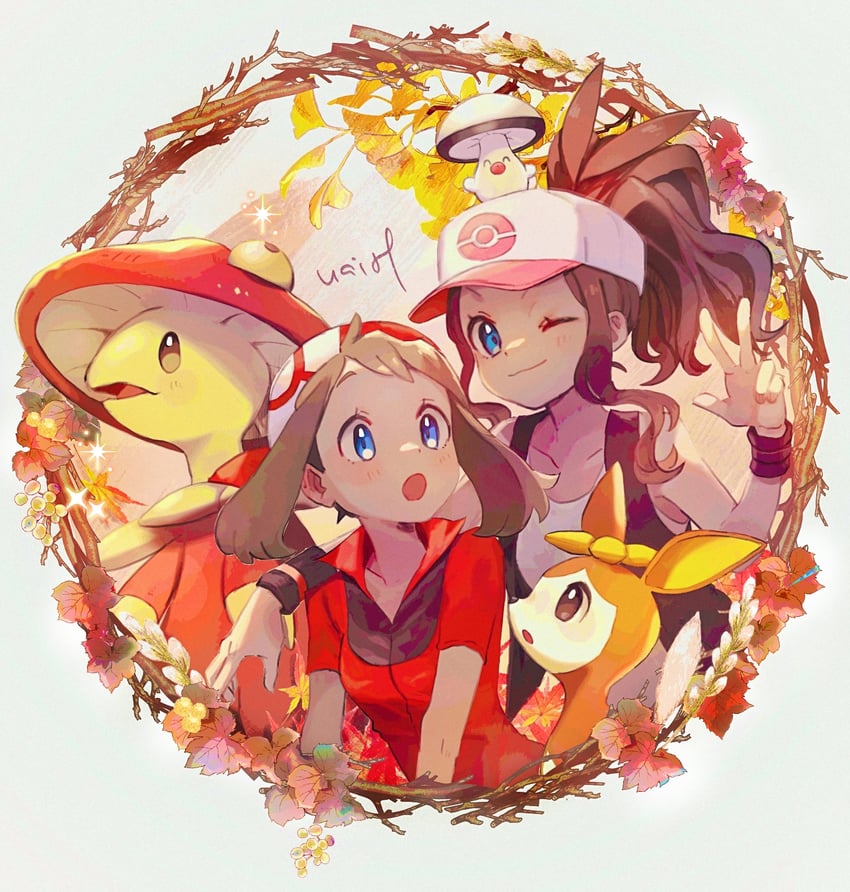 may, hilda, breloom, deerling, foongus, and 1 more (pokemon and 2 more) drawn by hanenbo