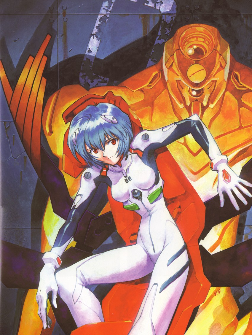ayanami rei and eva 00 (neon genesis evangelion) drawn by sadamoto_yoshiyuki