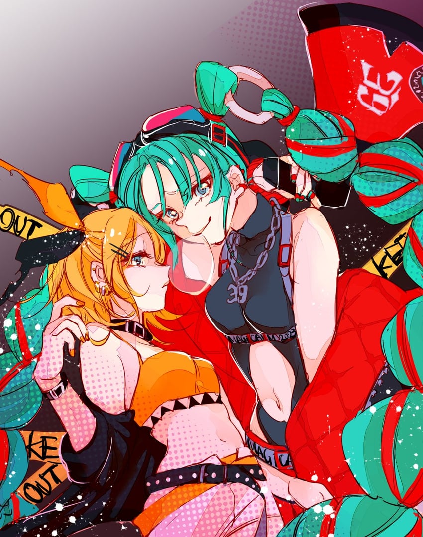 hatsune miku, kagamine rin, magical mirai miku, and magical mirai rin (vocaloid and 1 more) drawn by mimi_mine