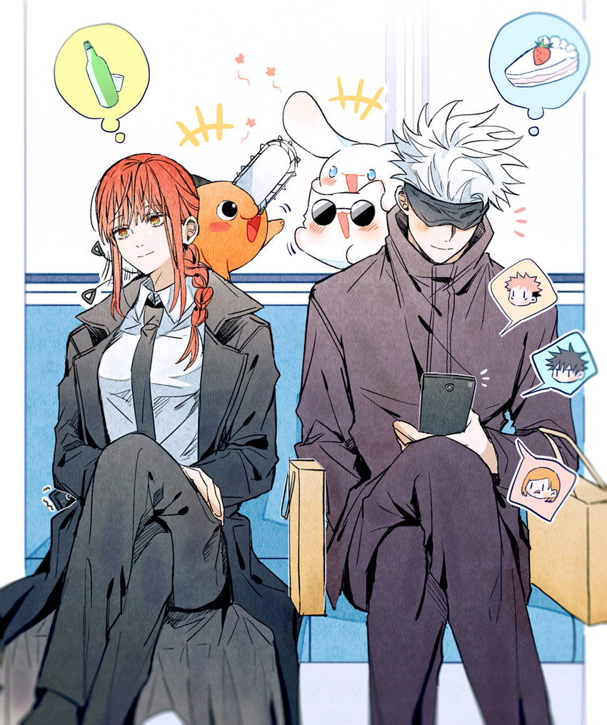 makima, gojou satoru, itadori yuuji, fushiguro megumi, kugisaki nobara, and 1 more (chainsaw man and 1 more) drawn by yoon_(dmsco1803)