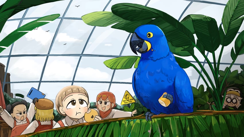penguin keeper, survey girl, penguin fan, bob cut twin, and lion shirt boy (zookeepers) drawn by diva_(hyxpk)