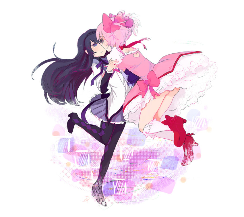 akemi homura and kaname madoka (mahou shoujo madoka magica) drawn by maruna_(maru01)