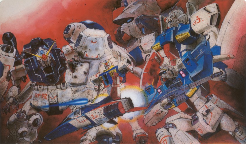 rx-78-2 gundam, gundam mk ii, gundam gp-02 physalis, gundam gp-03 stamen, core fighter, and 1 more (gundam and 3 more) drawn by kondou_kazuhisa