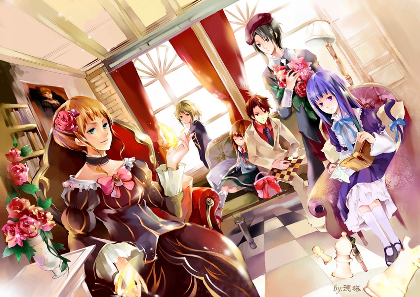 beatrice, ushiromiya battler, frederica bernkastel, ushiromiya maria, ushiromiya jessica, and 1 more (umineko no naku koro ni) drawn by detal