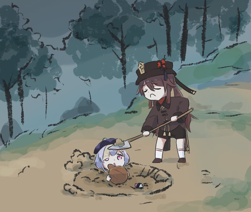 hu tao and qiqi (genshin impact) drawn by xinzoruo
