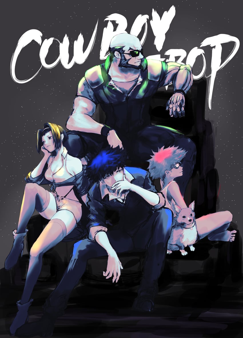 faye valentine, spike spiegel, edward wong hau pepelu tivrusky iv, ein, and jet black (cowboy bebop) drawn by yuu_(primenumber7)