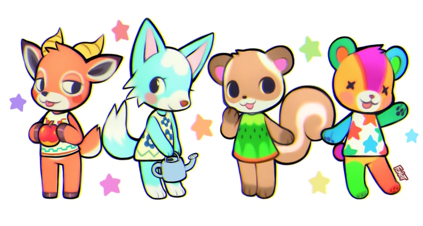 beau, stitches, skye, and sylvana (animal crossing) drawn by foxlett