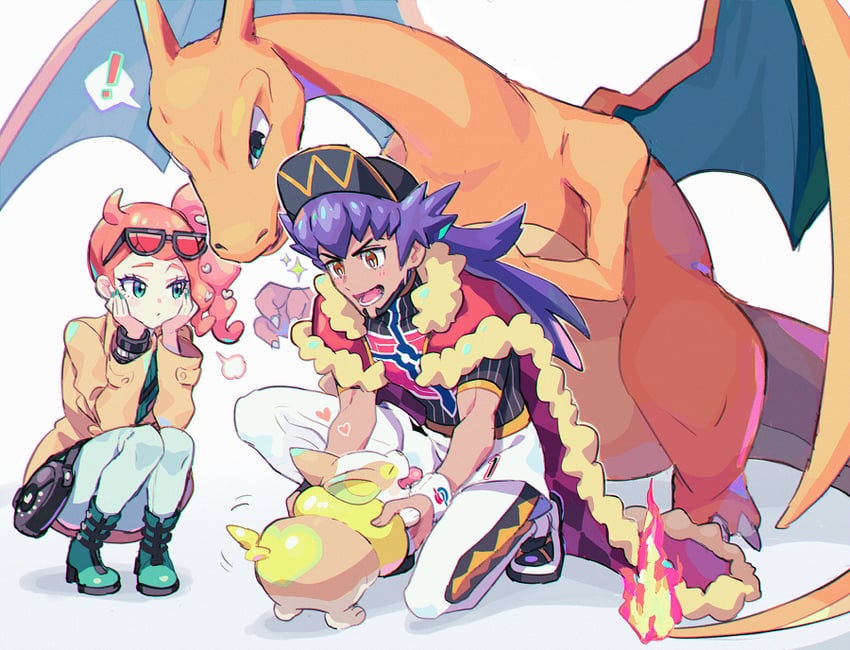 leon, charizard, sonia, and yamper (pokemon and 1 more) drawn by shinonoko_(tubamecider)