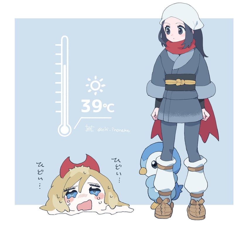 akari, piplup, and irida (pokemon and 1 more) drawn by chi_inonaka