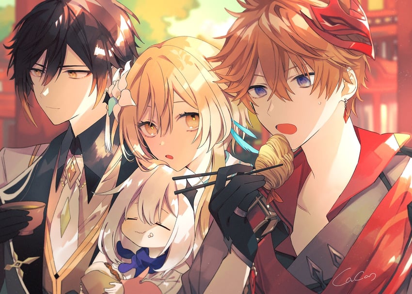lumine, zhongli, paimon, and tartaglia (genshin impact) drawn by cacao_(chocotto)