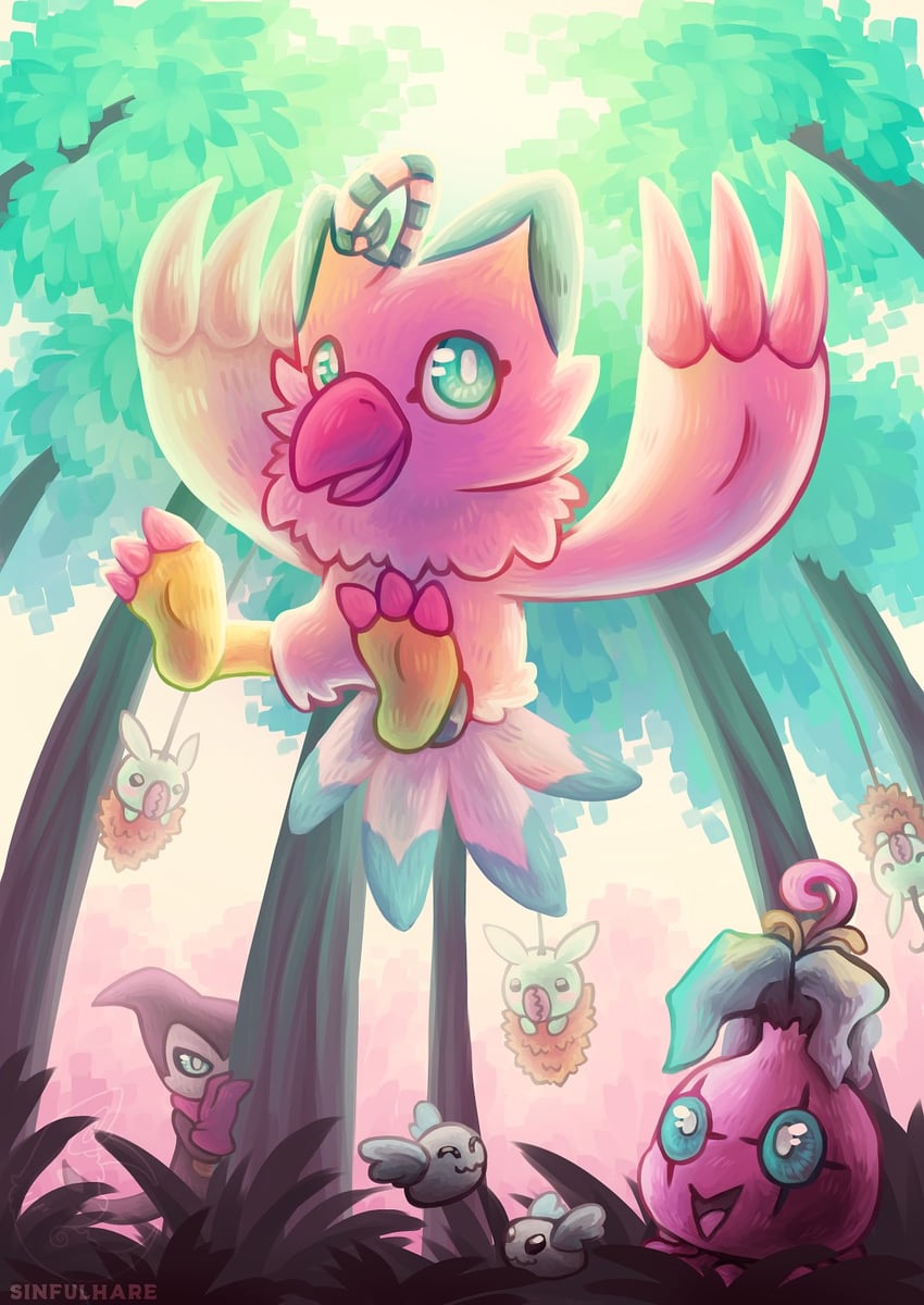 piyomon, impmon, pyocomon, and minomon (digimon) drawn by sinfulhare