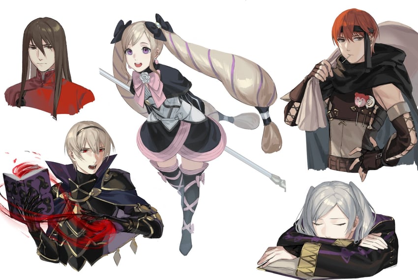 female robin, elise, leo, gaius, and navarre (fire emblem and 1 more) drawn by mik_blamike