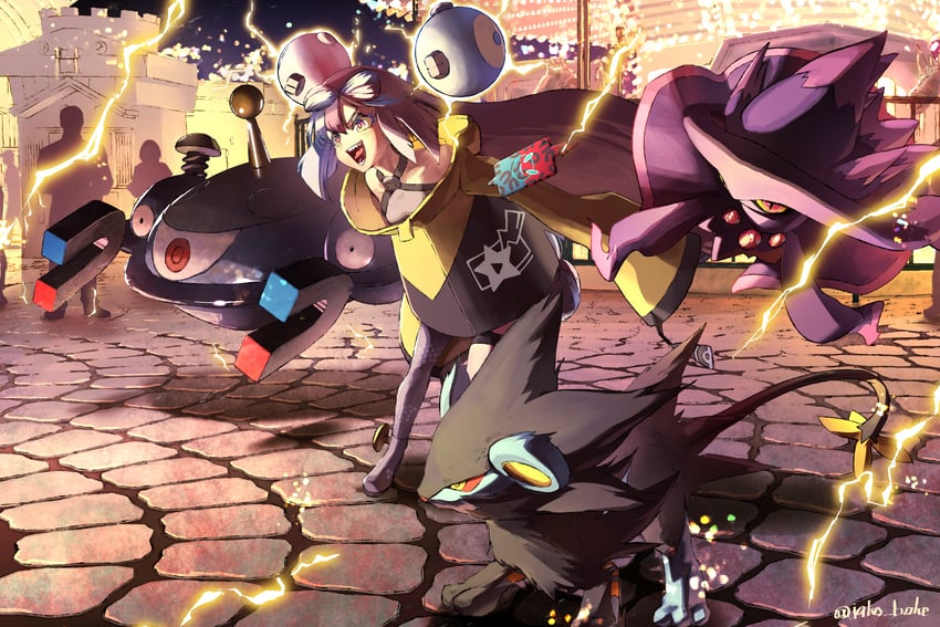 iono, rotom, rotom phone, mismagius, luxray, and 1 more (pokemon and 1 more) drawn by jako_(boke_poke)