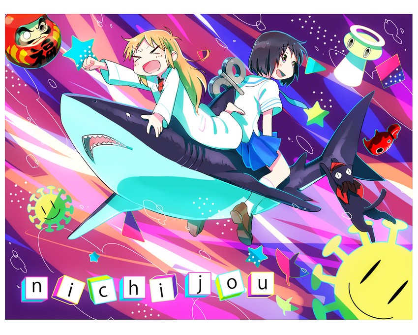 shinonome nano, professor shinonome, and sakamoto (nichijou) drawn by suzaku_(zaku6584)
