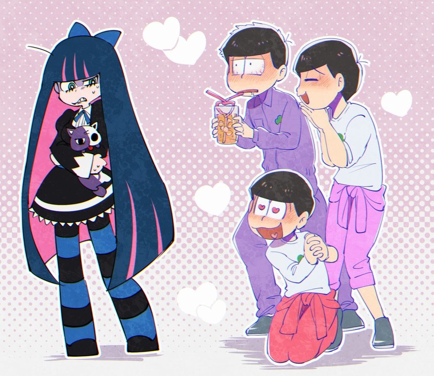 stocking, matsuno osomatsu, matsuno ichimatsu, matsuno todomatsu, and honekoneko (panty & stocking with garterbelt and 3 more) drawn by ogino_zakuko