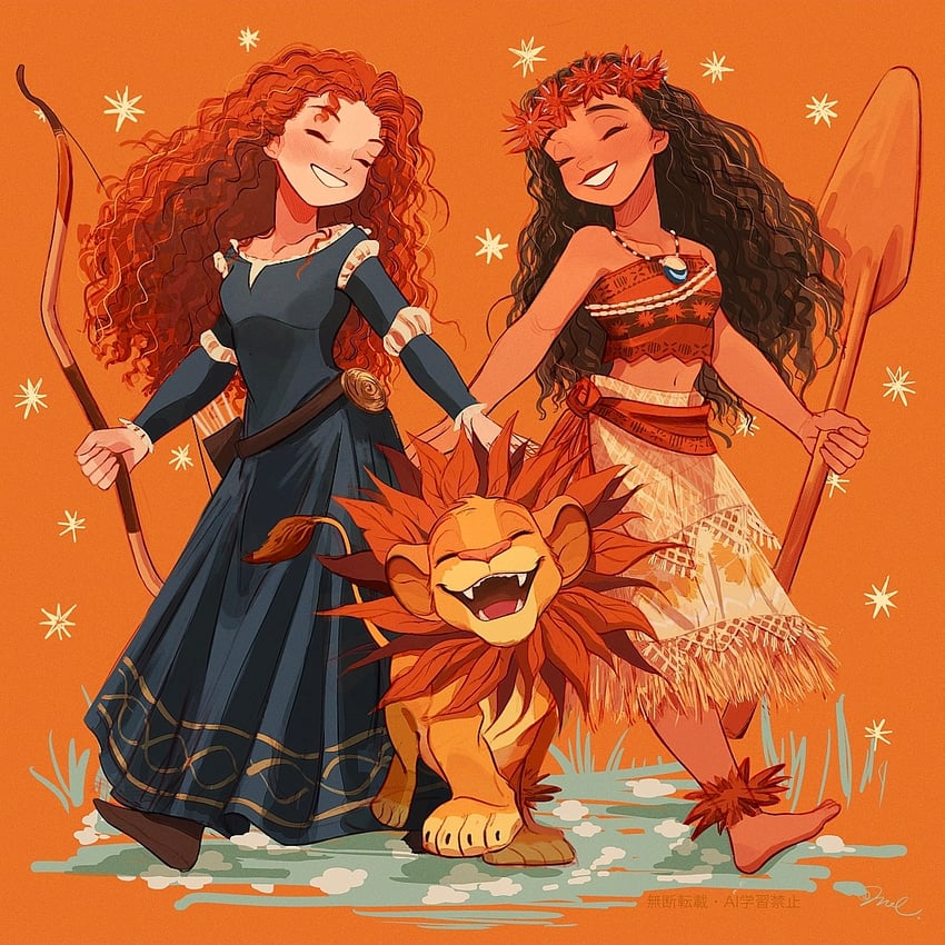 moana waialiki, merida, and simba (disney and 3 more) drawn by melchencanto