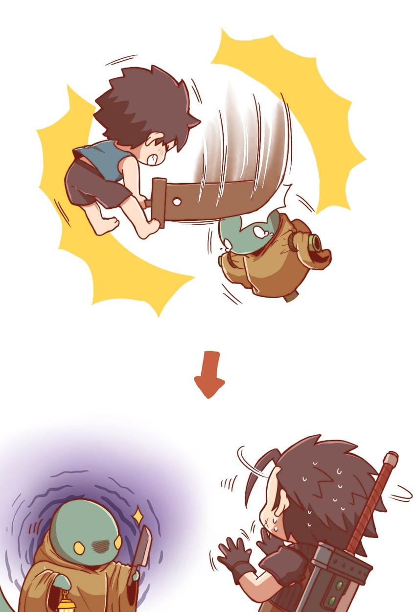 zack fair and tonberry (final fantasy and 2 more) drawn by lll777777lll