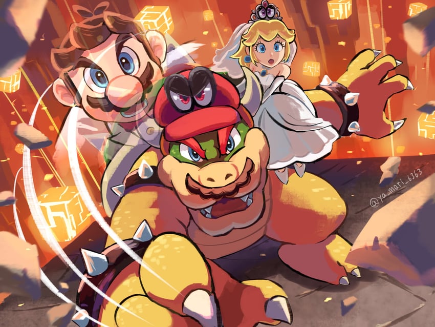 princess peach, mario, bowser, cappy, and tiara (mario and 1 more) drawn by ya_mari_6363