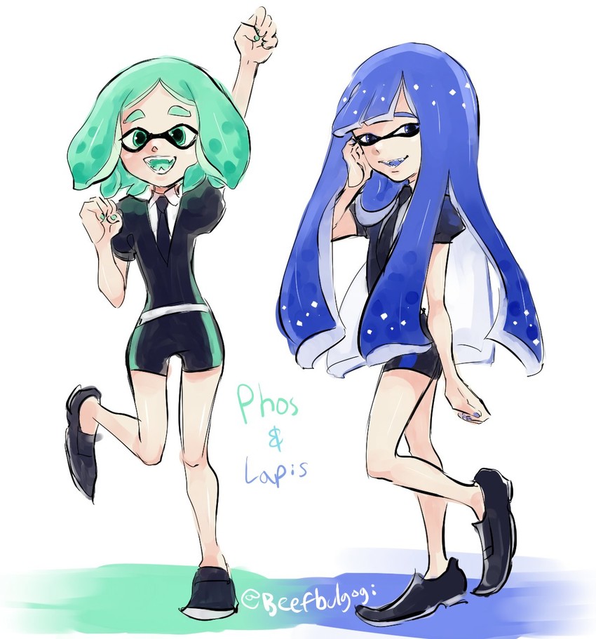 inkling player character, phosphophyllite, and lapis lazuli (splatoon and 2 more) drawn by tofucakes