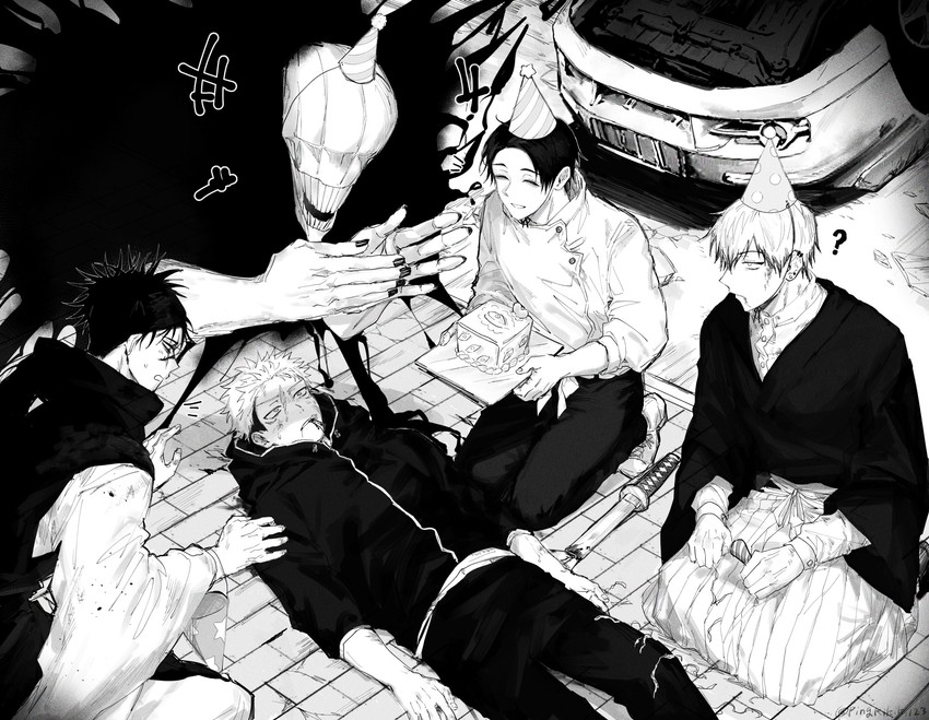 itadori yuuji, okkotsu yuuta, choso, orimoto rika, and zen'in naoya (jujutsu kaisen) drawn by pingkikiki123