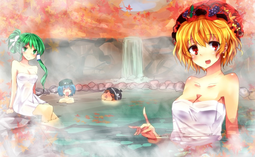 kochiya sanae, kawashiro nitori, aki minoriko, and aki shizuha (touhou) drawn by e-co