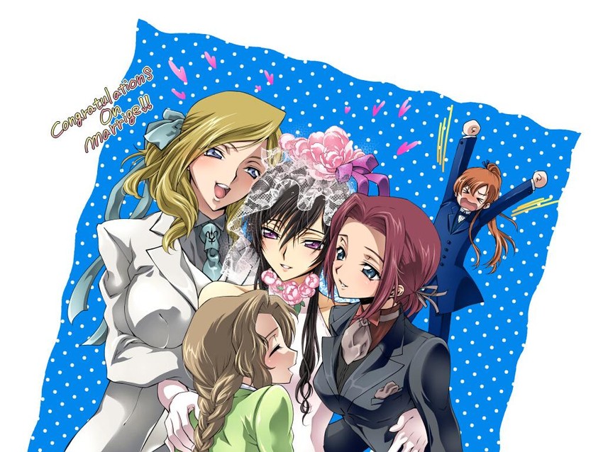 lelouch vi britannia, kouzuki kallen, nunnally vi britannia, shirley fenette, and milly ashford (code geass)