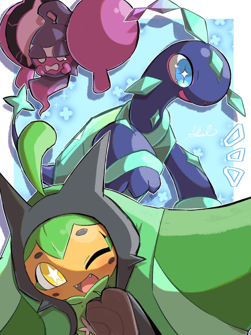 ogerpon, terapagos, and pecharunt (pokemon and 1 more) drawn by shual3734