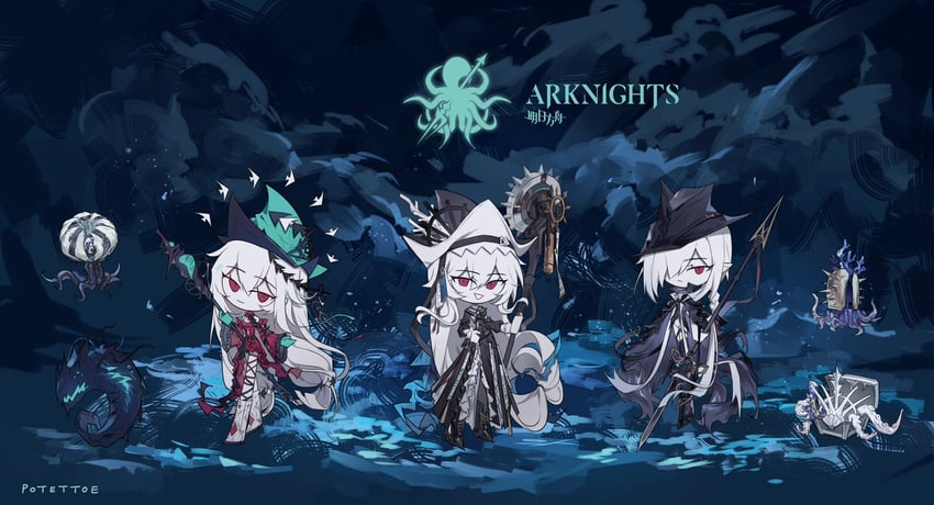 skadi, specter, skadi the corrupting heart, specter the unchained, gladiia, and 2 more (arknights) drawn by potettoe